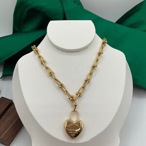 Gold Heart Padlock Link Necklace with Ball-Accented Chain